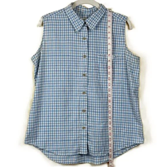 Eddie Bauer Top Womens L Sleeveless Button Up Blue Plaid Lightweight Outdoor - Picture 3 of 7